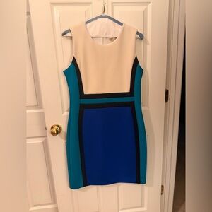 Colorblock Sheath Dress in Cream, Teal & Blue